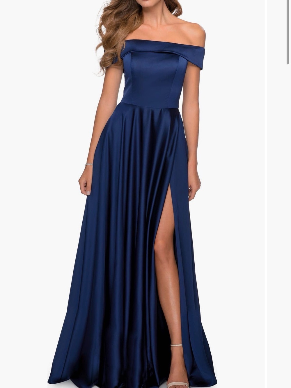 La Femme Navy Off-Shoulder Strapless Satin Gown with Side Slit